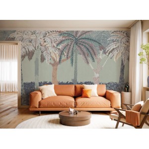 Komar Vliestapete Patterned Palms, Fototapete mit Palmenmuster in Wohnraum.