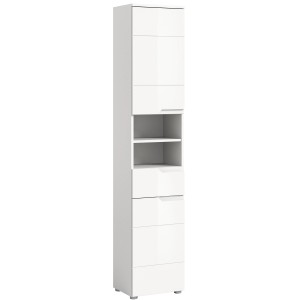 Weißer Hochglanz Hochschrank Solero, schmaler Bad-Standregal mit Türen, Schublade und offenen Fächern.
