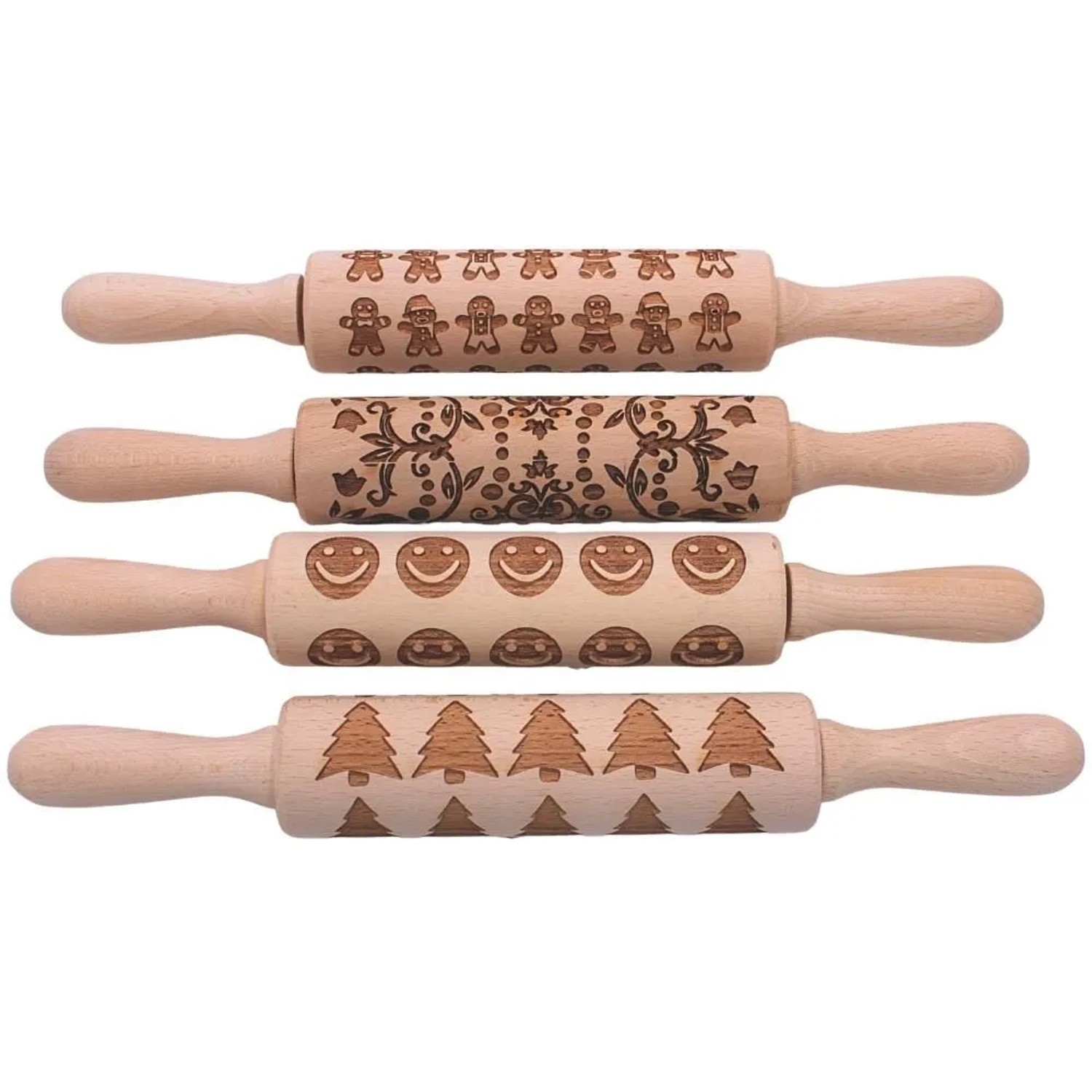 Dekohelden24 4er Set Holz Teigroller Spekulatiuswalze Plätzchenrolle Nudelholz mit Gravur Kindteigroller Nudelhölzer Made in EU L/B/H 33 x 5 x 5 cm