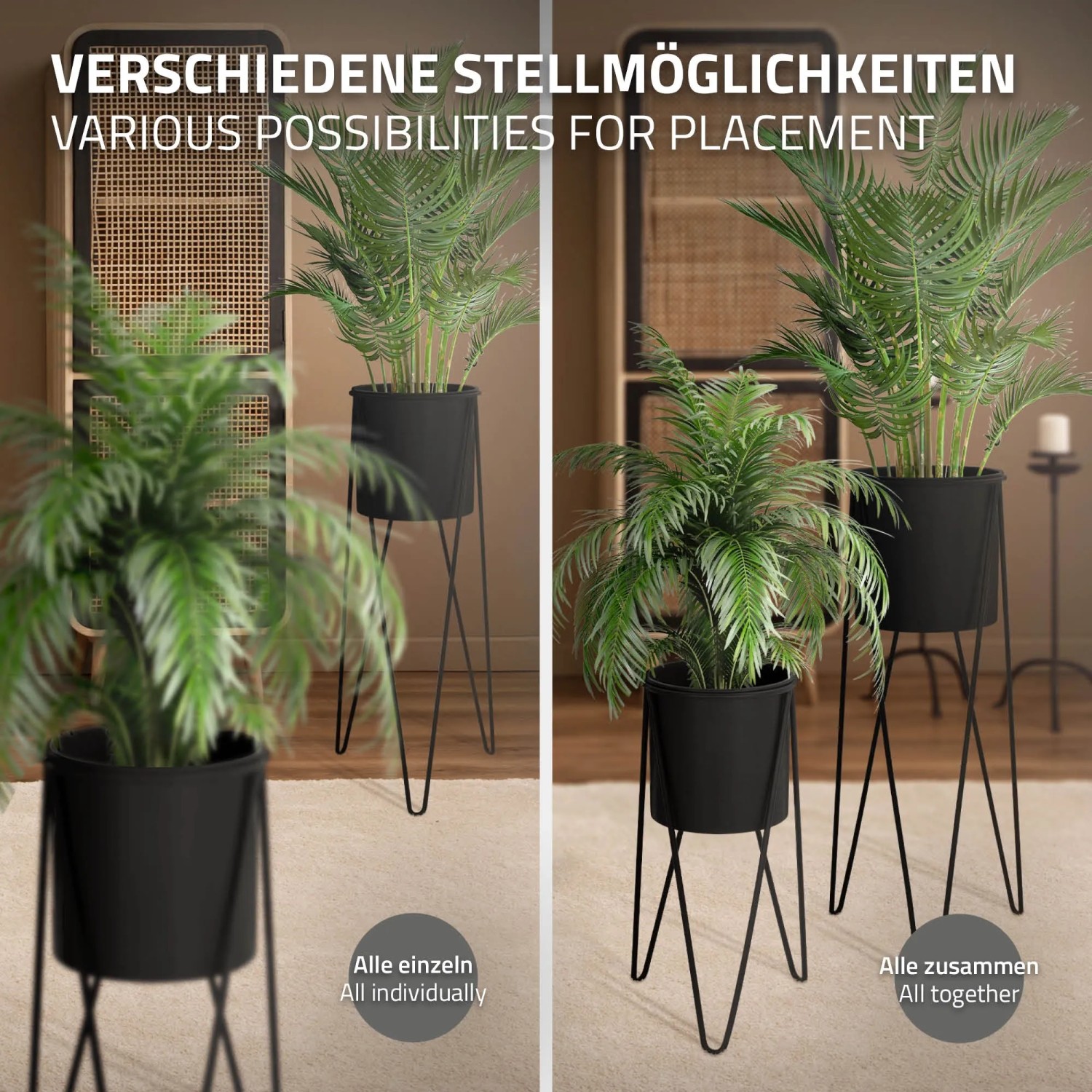 ML-Design Blumenständer 2er Set, schwarz, aus Stahl. Dekorative Pflanzenständer für Innen und Außen.
