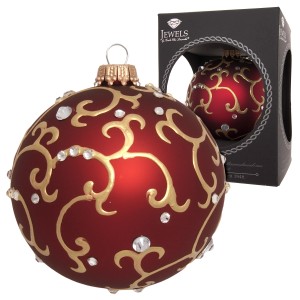 Dunkelrote Weihnachtskugel (8cm) von Krebs Glas Lauscha mit goldenem Dekor und Schmucksteinen.