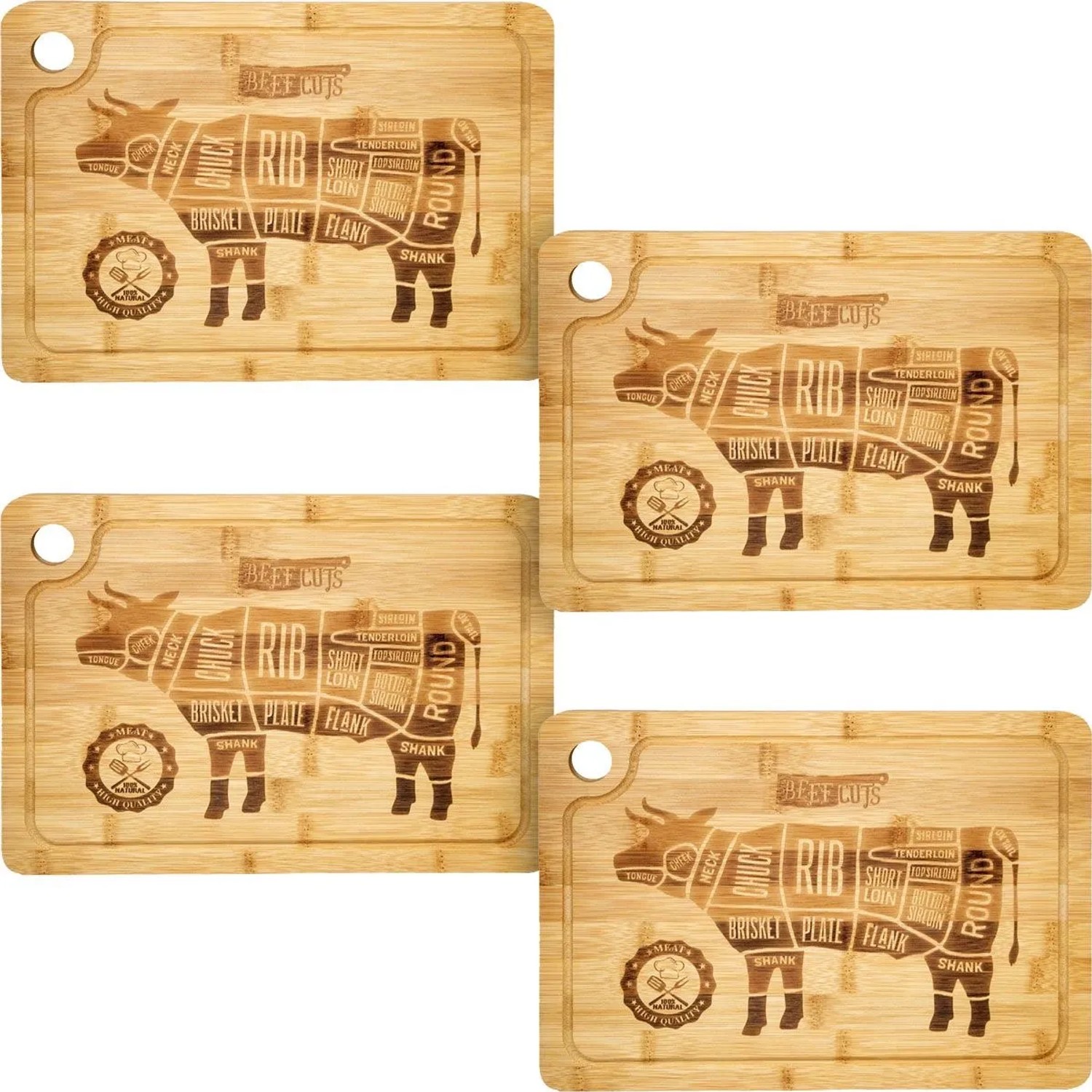 DuneDesign 4er Set Steakteller aus Bambus 33 x 23 x 2cm Motiv Kuh