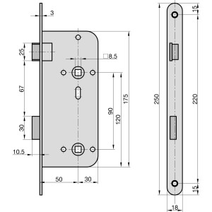 Technische Zeichnung Basi Einsteckschloss ES 924 Ö für WC-Türen, Maße und Details.