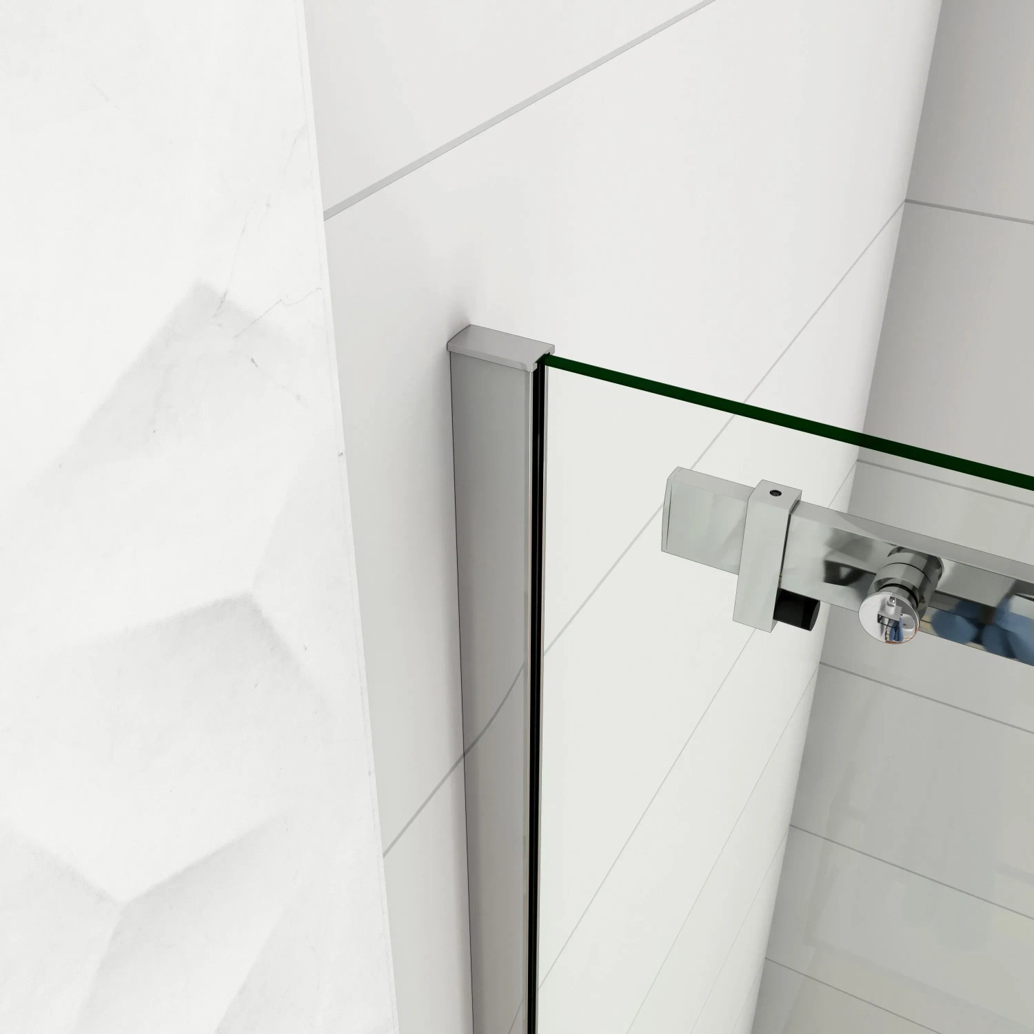 Detailaufnahme: AICA Duschkabine mit Schiebetür, 8mm ESG-Glas und Chromrahmen.