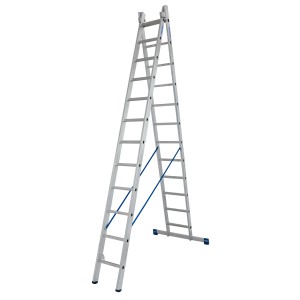 Krause Mehrzweckleiter Stabilo, 2x12 Sprossen, als Stehleiter aufgebaut. Aluminium mit blauen Details.