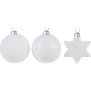 Weißes Christbaumkugel-Set, 50-teilig, Kunststoff, Ø 6cm, mit Kugeln und Stern.