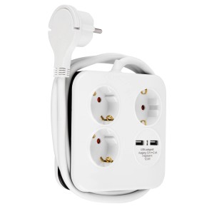 REV Ritter Powerquad Steckdosenleiste, 3-fach mit USB, weiß-schwarz. Kompakte Mehrfachsteckdose mit Flachstecker.