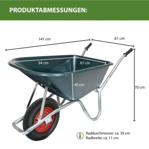 Abmessungen der TRUTZHOLM Schubkarre mit 100L Kunststoffmulde, Rad und Stahlrahmen.
