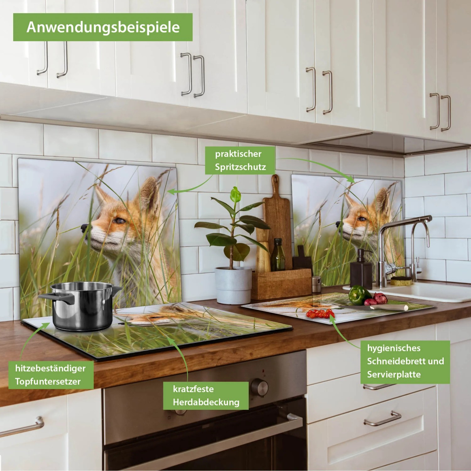 Banjado Herdabdeckplatte Glas mit Fuchs-Motiv als Schneidebrett und Spritzschutz in Küche.