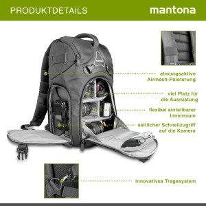 Grauer Mantona Rhodolit Fotorucksack mit geöffneten Fächern für Kamera, Objektive. Flexible Aufbewahrung, Airmesh-Polsterung.