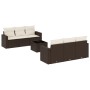 Braune 7-tlg. vidaXL Garten-Sofagarnitur aus Poly Rattan mit cremeweißen Kissen.