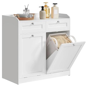 Songmics Badezimmerschrank Siren, weiß, mit 2 Schubladen und Wäschekörben.