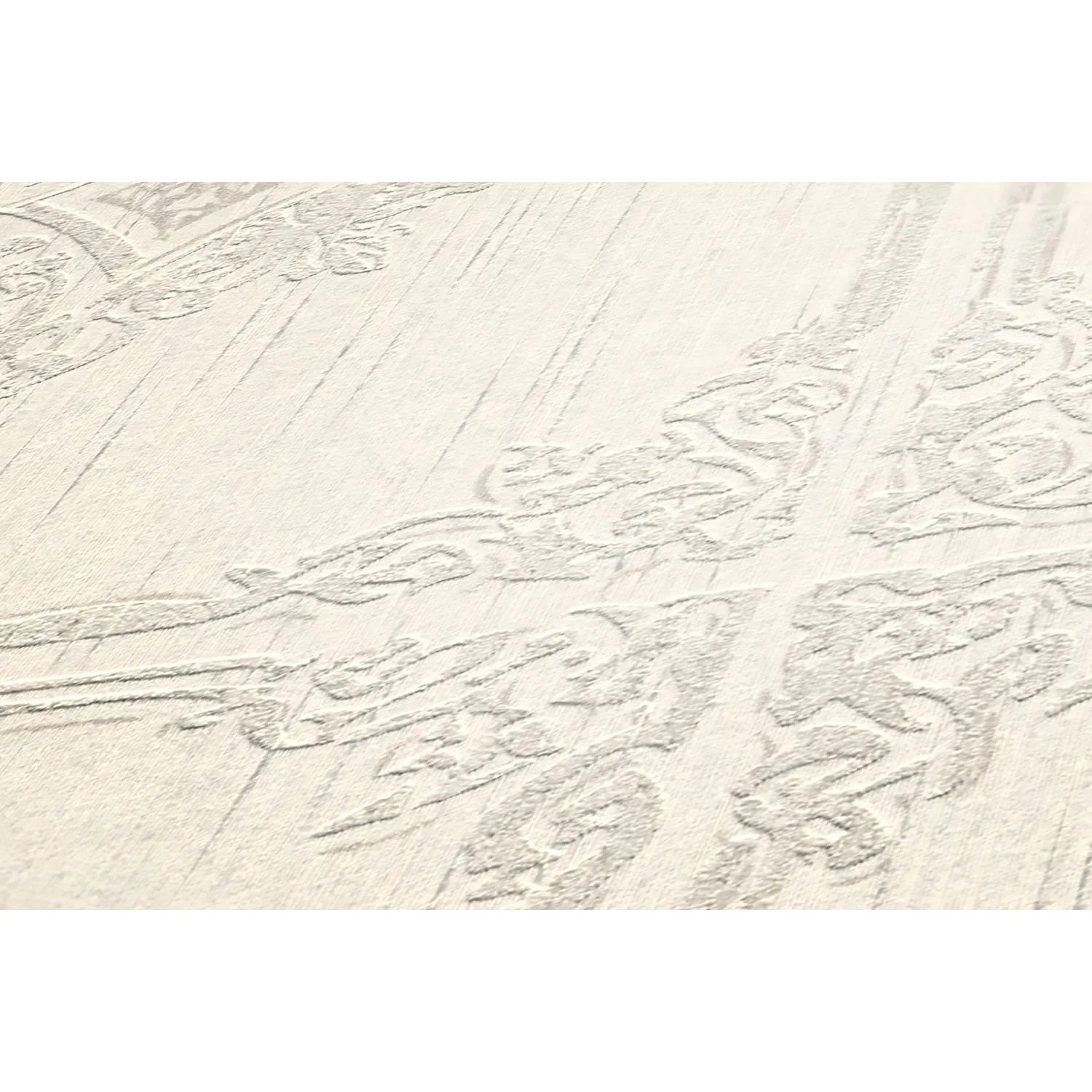 Barock Tapete in Beige und Grau mit Ornamenten, matte Textiloptik.
