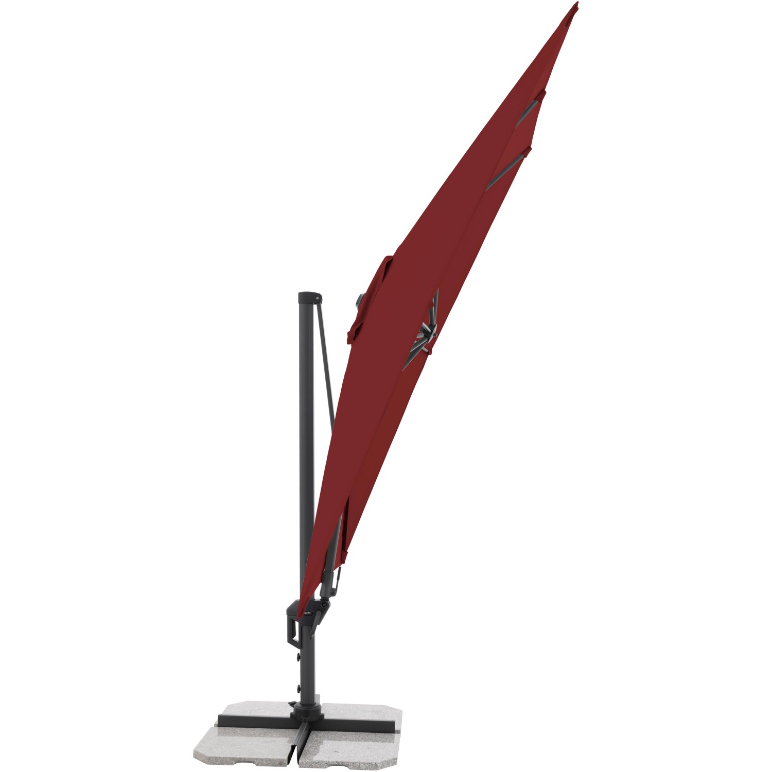 Rechteckiger, bordeauxroter Doppler Ampelschirm 310x210 cm mit Kurbel und Neigungsfunktion.