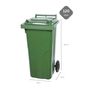 Grüne PROREGAL Mülltonne, 120 Liter, aus HDPE-Kunststoff mit Rädern.
