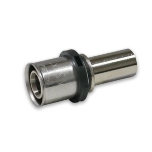 Vernickeltes Pressfitting für Kupferrohr Übergang 16x15mm, mit schwarzem Dichtring. Sichere Rohrverbindung.