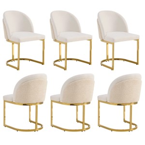 Sechs beige Chenille Esszimmerstühle mit goldenem Metallgestell und doppelter Rückenlehne.
