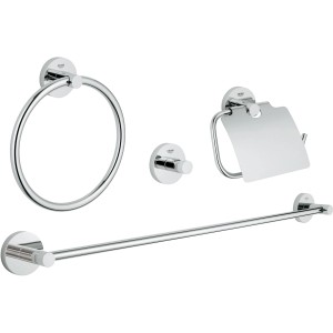 Grohe Essentials Bad-Set 4-in-1: Handtuchring, Haken, WC-Papierhalter, Handtuchhalter aus Chrom.