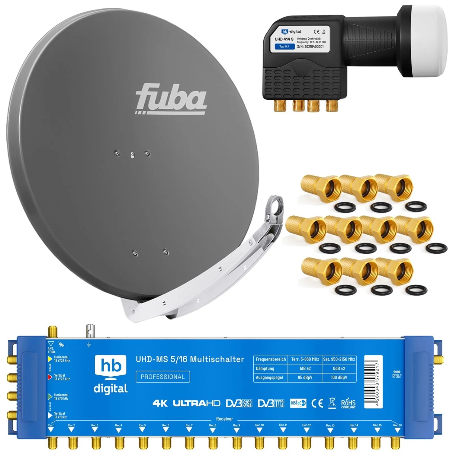 hb-digital Satellitenschüssel Fuba DAA 85cm Alu Anthrazit Multischalter 5-16 LNB Quattro