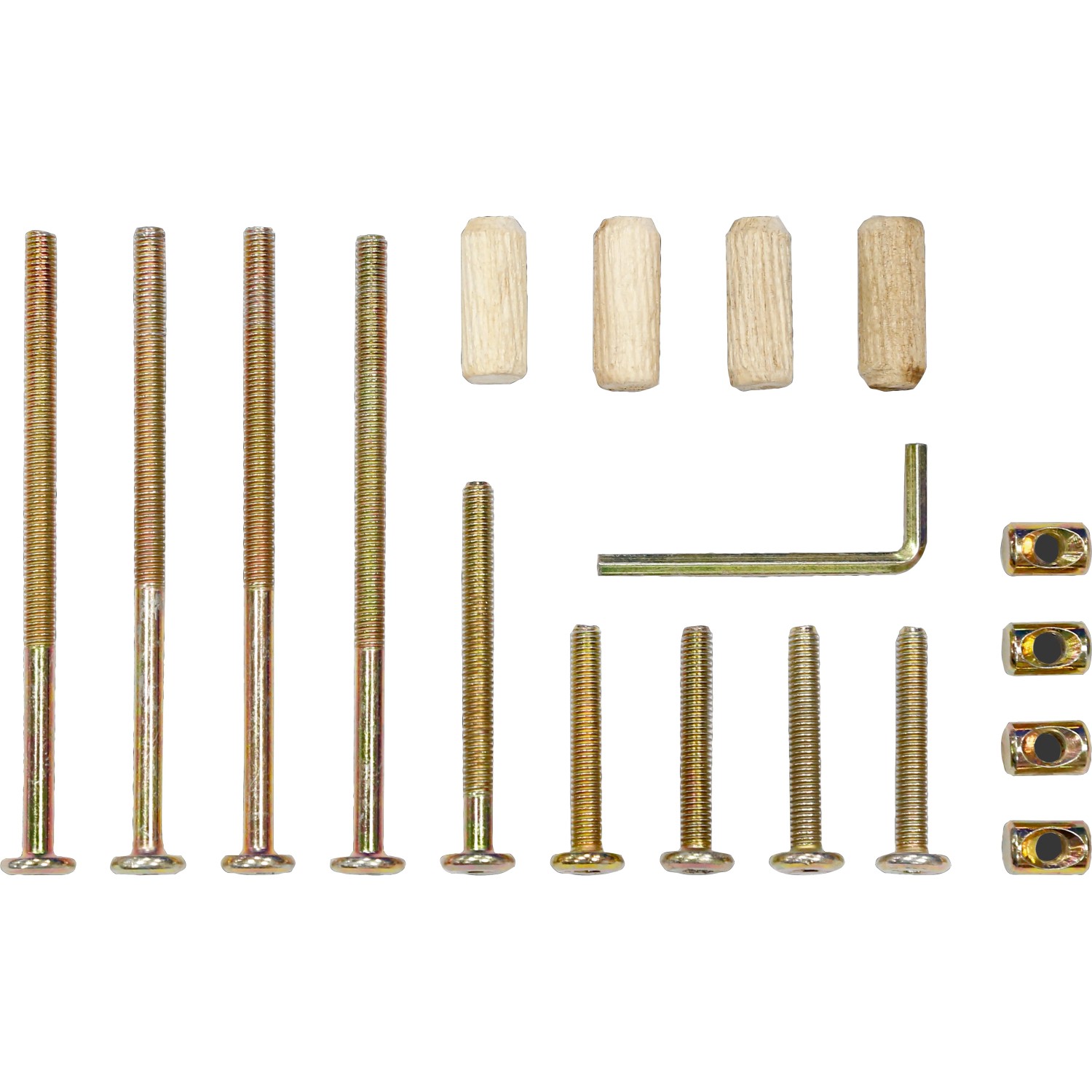 Montage-Set für Morenci Lounge-Eckgruppe: Schrauben, Dübel, Muttern und Imbusschlüssel.