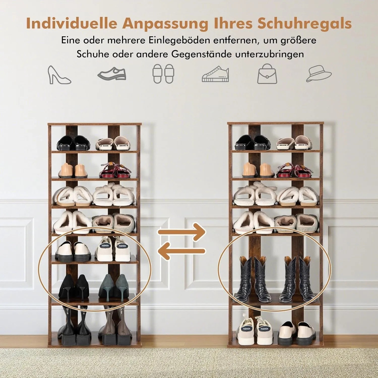 Braunes, höhenverstellbares Costway Schuhregal aus Holz, flexibel für Schuhe und Stiefel.