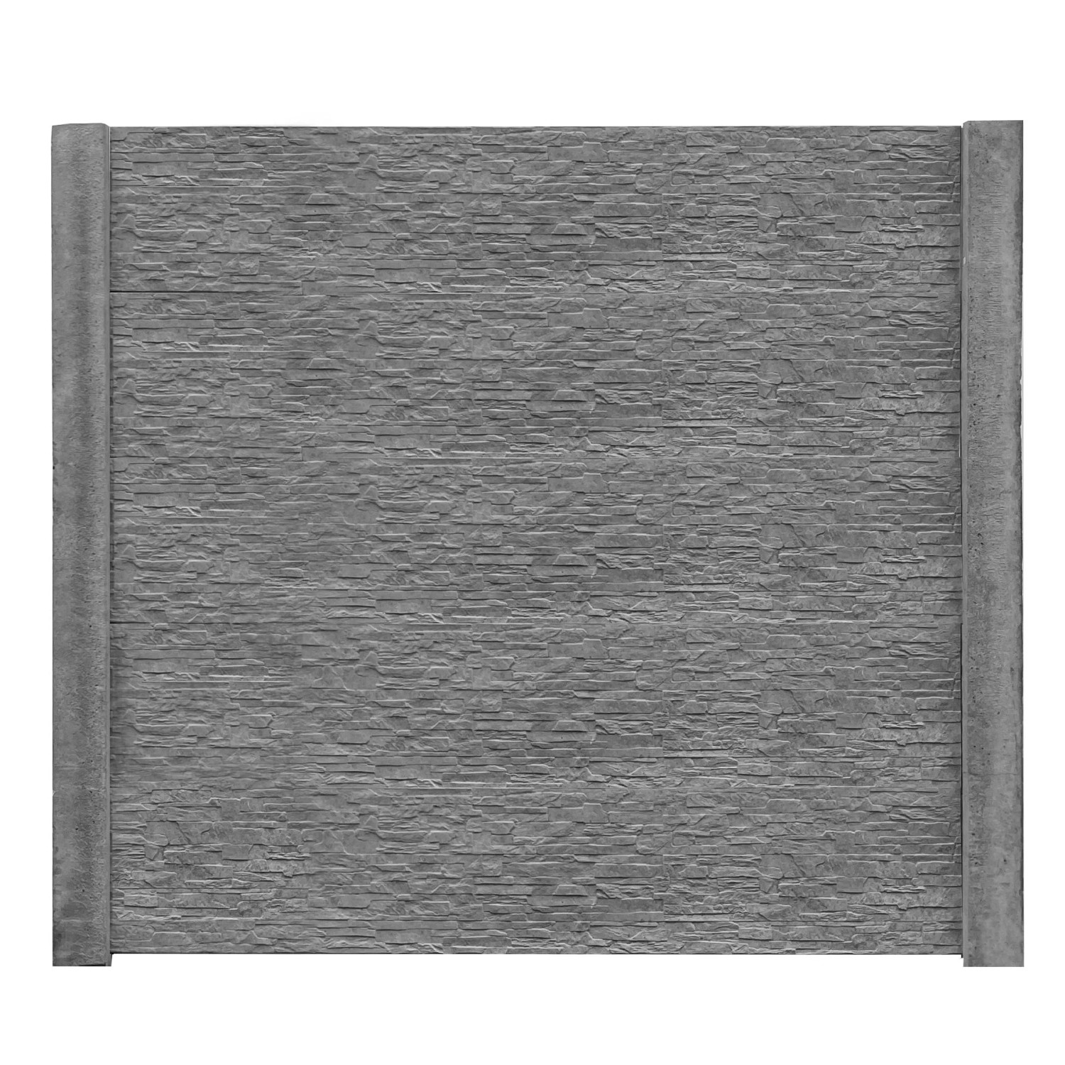 Betonzaun-Platte Rockstone, 200x38,5x3 cm, für Sichtschutz. Graue Steinoptik mit seitlichen Pfosten.
