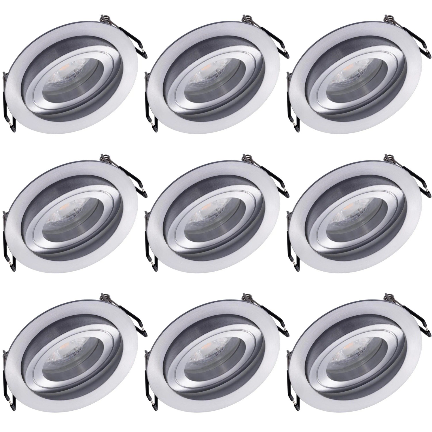Oktaplex Lyon 9er Set LED-Einbaustrahler in 3 Stufen Dimmbar Schwenkbar Alu Gebürstet 4,8W Warmweiß 2700K 230V Ø 80 mm