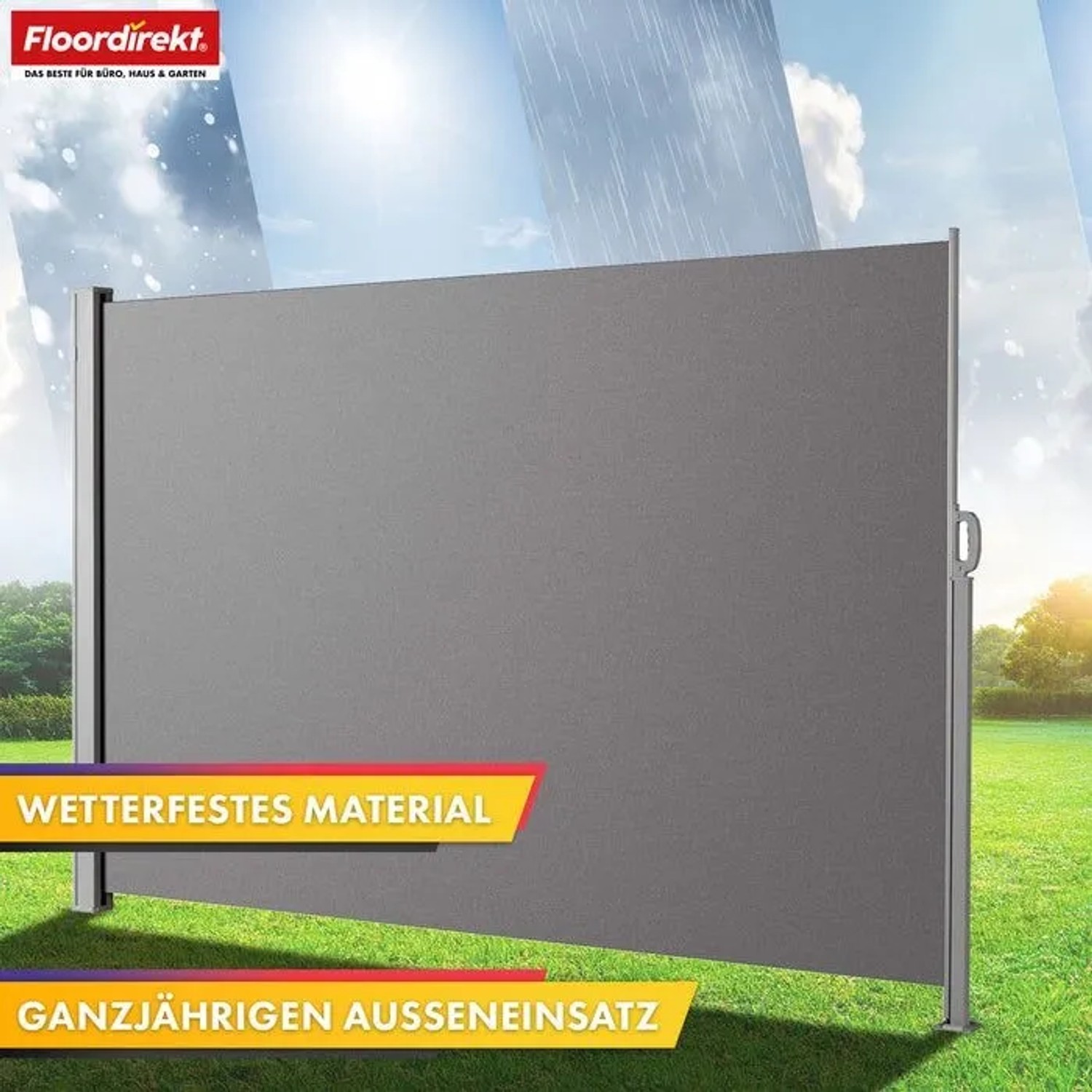 Floordirekt Seitenmarkise hellgrau, ausziehbar, als Sichtschutz für Garten & Terrasse. Wetterfestes Alu-Gestell.