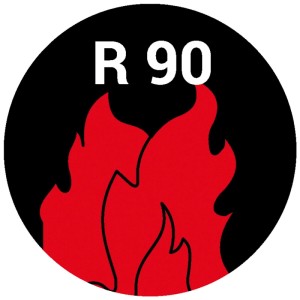 Schwarzes Symbol mit roten Flammen und R 90 für Feuerwiderstand der Ankerstange.