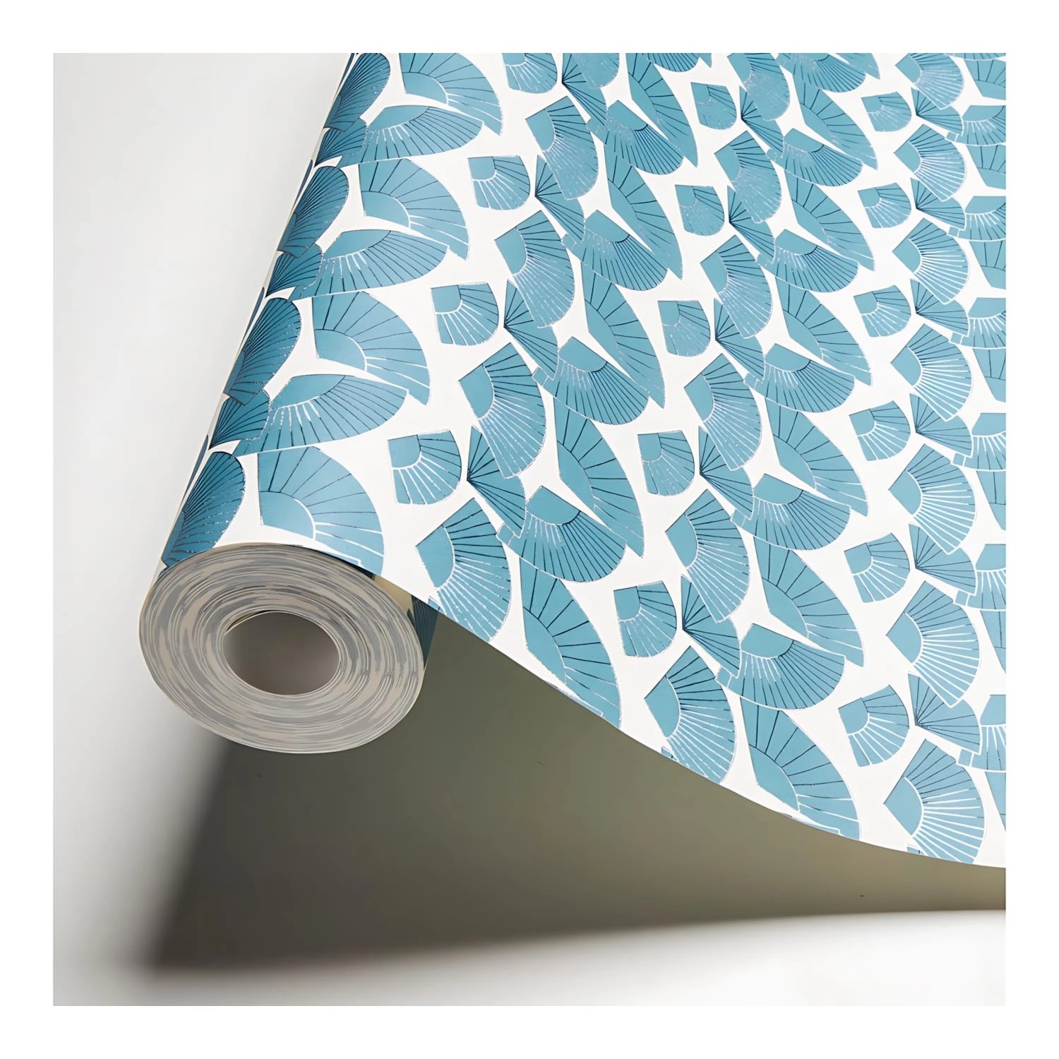 Rolle PROFHOME Vliestapete mit blau-silbernem Grafikmuster und metallischen Akzenten.