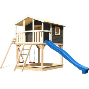 Karibu Stelzenhaus Benjamin mit Doppelschaukel und blauer Rutsche, Ansicht von vorn.