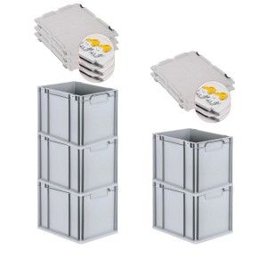 PROREGAL Eurobox Sparset: 5 graue Aufbewahrungsboxen mit Deckel und gelben Verschlüssen, 30 Liter.