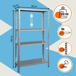 OBI Metall-Steckregal verzinkt, 150x80x30 cm, mit 4 höhenverstellbaren Böden. Max. 120 kg Gesamtlast.