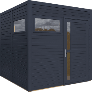 Modernes, anthrazitfarbenes Holz-Gartenhaus Cubus 2 mit Fenster und Tür.