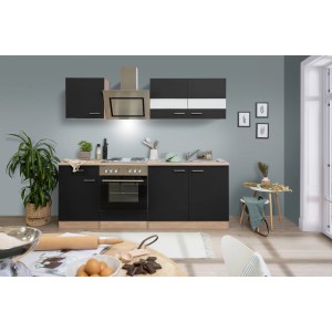 Respekta Küchenzeile KB210ESSS, 210 cm, Schwarz und Eiche Sägerau, mit E-Geräten.