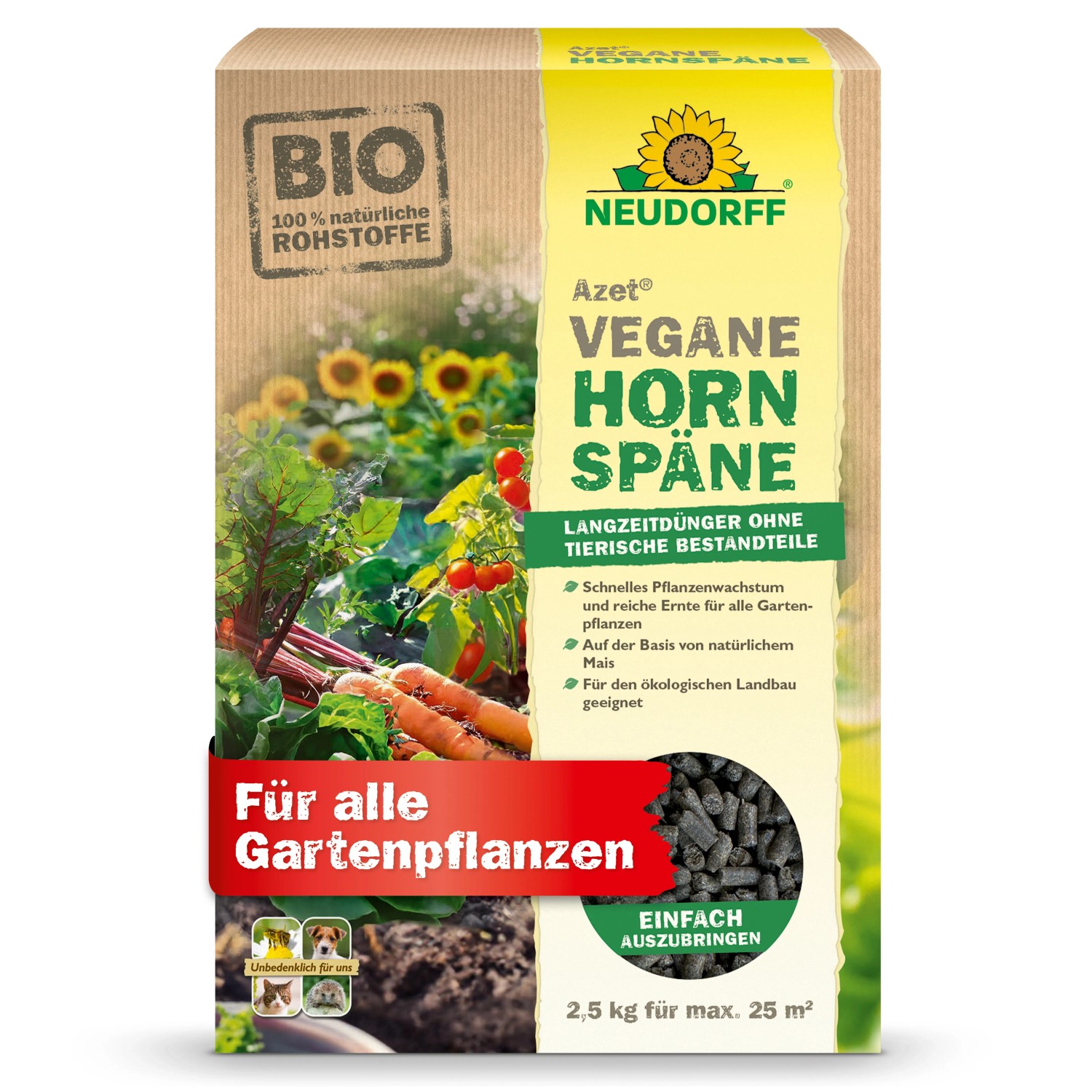 Neudorff Langzeitdünger Azet Vegane Hornspäne 2,5 kg, Bis zu 5 Monate Langzeitwirkung für kräftiges Wachstum, Vegane Hornspäne auf Pflanzenbasis für bis zu 25 m², Pflanzlicher Langzeitdünger ohne tierische Bestandteile