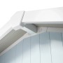 Detailansicht: Graublaues Grosfillex Gerätehaus Utility 11, Kunststoff-Gartenhaus mit weißem Dach.