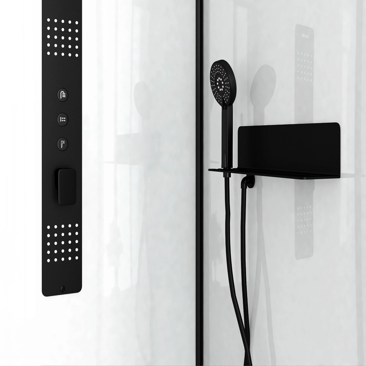 Detailaufnahme Aurlane Komplettdusche Urban 2: Schwarze Armaturen, Handbrause und Ablage in der Duschkabine.