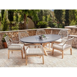 Beliani Gartentisch Set ORISTANO: ovaler grauer Tisch mit Betonfinish, 6 Stühle mit beigem Geflecht, Akazienholz. Garten.