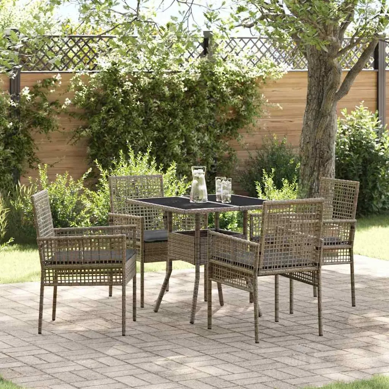 Graue 5-teilige vidaXL Garten Essgruppe aus Poly Rattan mit Tisch und Stühlen.