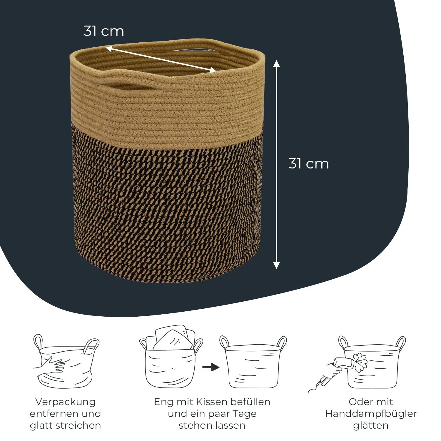 HMF 39015-31CM-81 Aufbewahrungskorb Versteckten Griffen Runder Korb Kallax 31 x 31 cm Schwarz-Honig_3