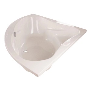 Weiße Calmwaters Eckbadewanne 140x140 cm mit Wannenträger und Ablaufgarnitur.