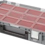 Grauer Keter Connect System Cantilever Organizer Werkzeugkoffer mit transparentem Deckel und roten Fächern.