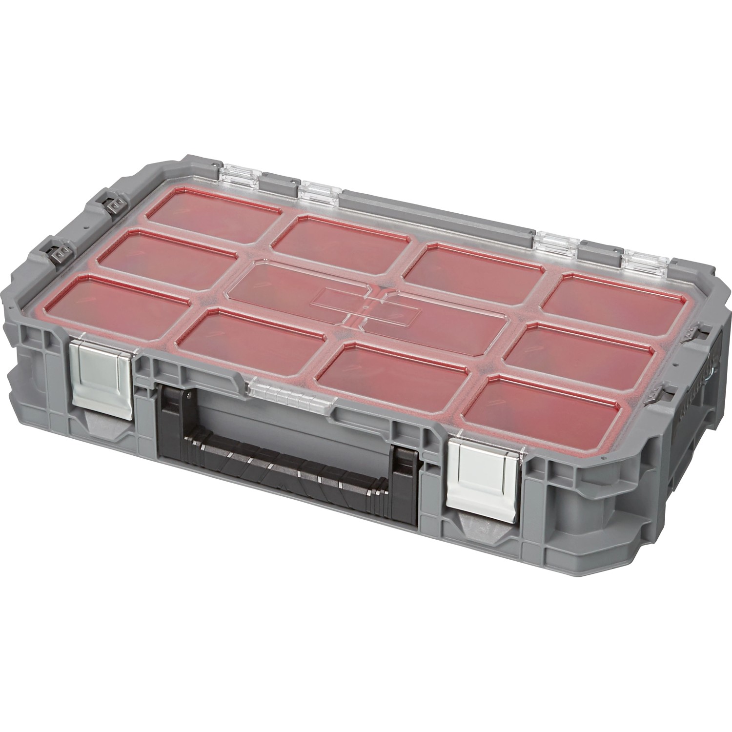 Grauer Keter Connect System Cantilever Organizer Werkzeugkoffer mit transparentem Deckel und roten Fächern.