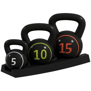 SPORTNOW Kettlebell Set, drei schwarze Kunststoff-Kugelhanteln (5, 10, 15 kg) auf einer Ablage.