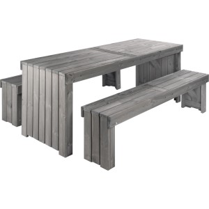 Graues 3-teiliges Wilk Gartenmöbel-Set Amsterdam aus FSC-Kiefernholz: Tisch und zwei Bänke.