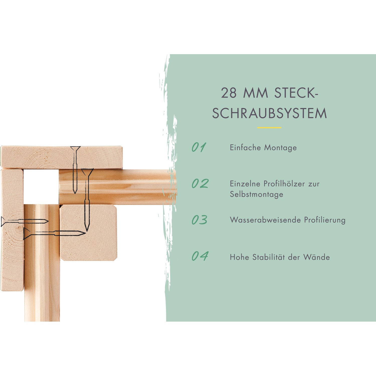 Detailaufnahme Steck-Schraubsystem (28mm) des Karibu Holz-Gartenhauses Tessin 2. Einfache Montage, hohe Wandstabilität.