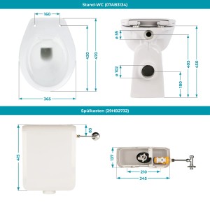 Calmwaters Stand-WC Set mit Spülkasten, erhöht, spülrandlos, weiße Keramik, Maße