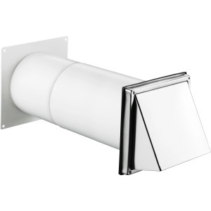 Teleskop-Mauerkasten Ø 150 mm mit Edelstahl-Ablufthaube für Dunstabzugshauben und Lüftungsanlagen.