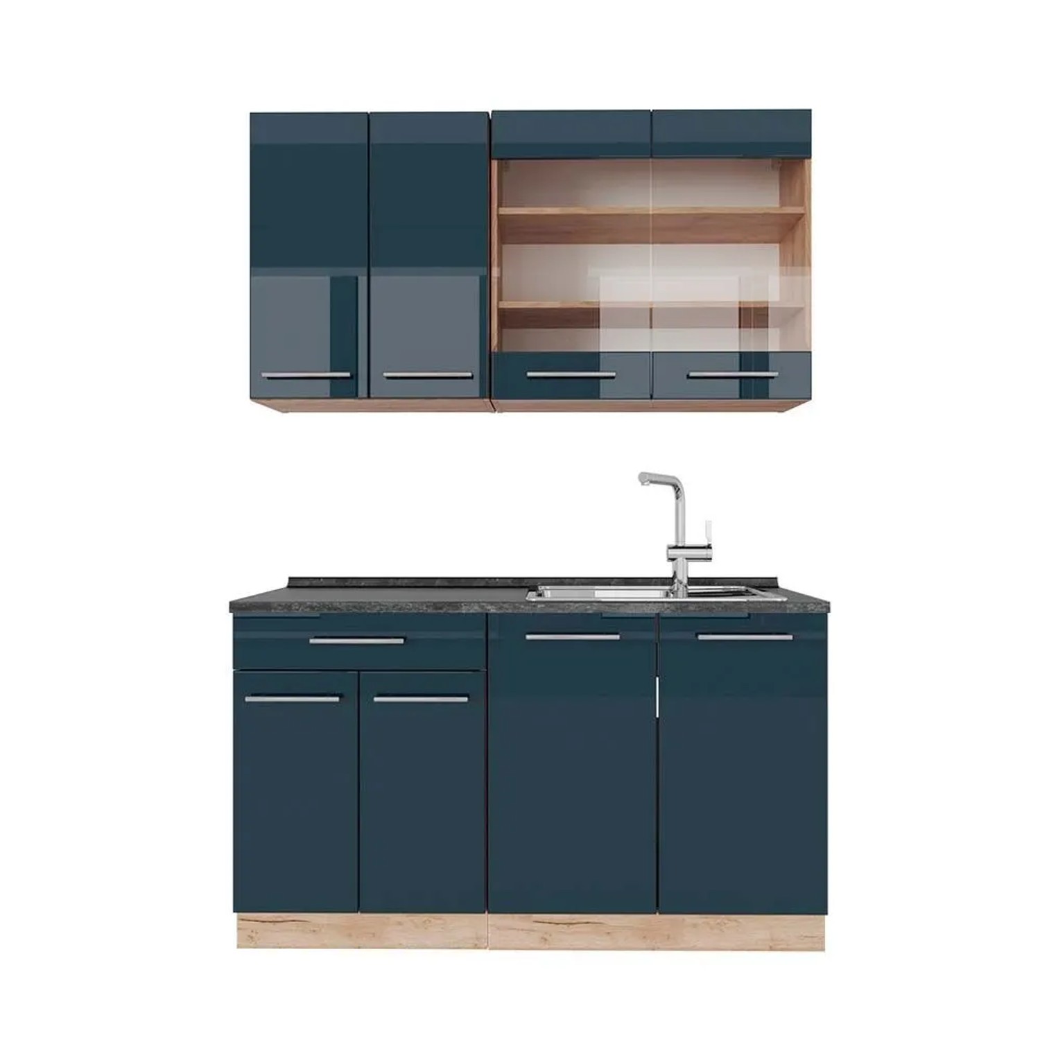 Vicco Fame-Line Singleküche DunkelBlau Hochglanz Goldkraft Eiche 140 cm AP Anthrazit ohne E-Geräte